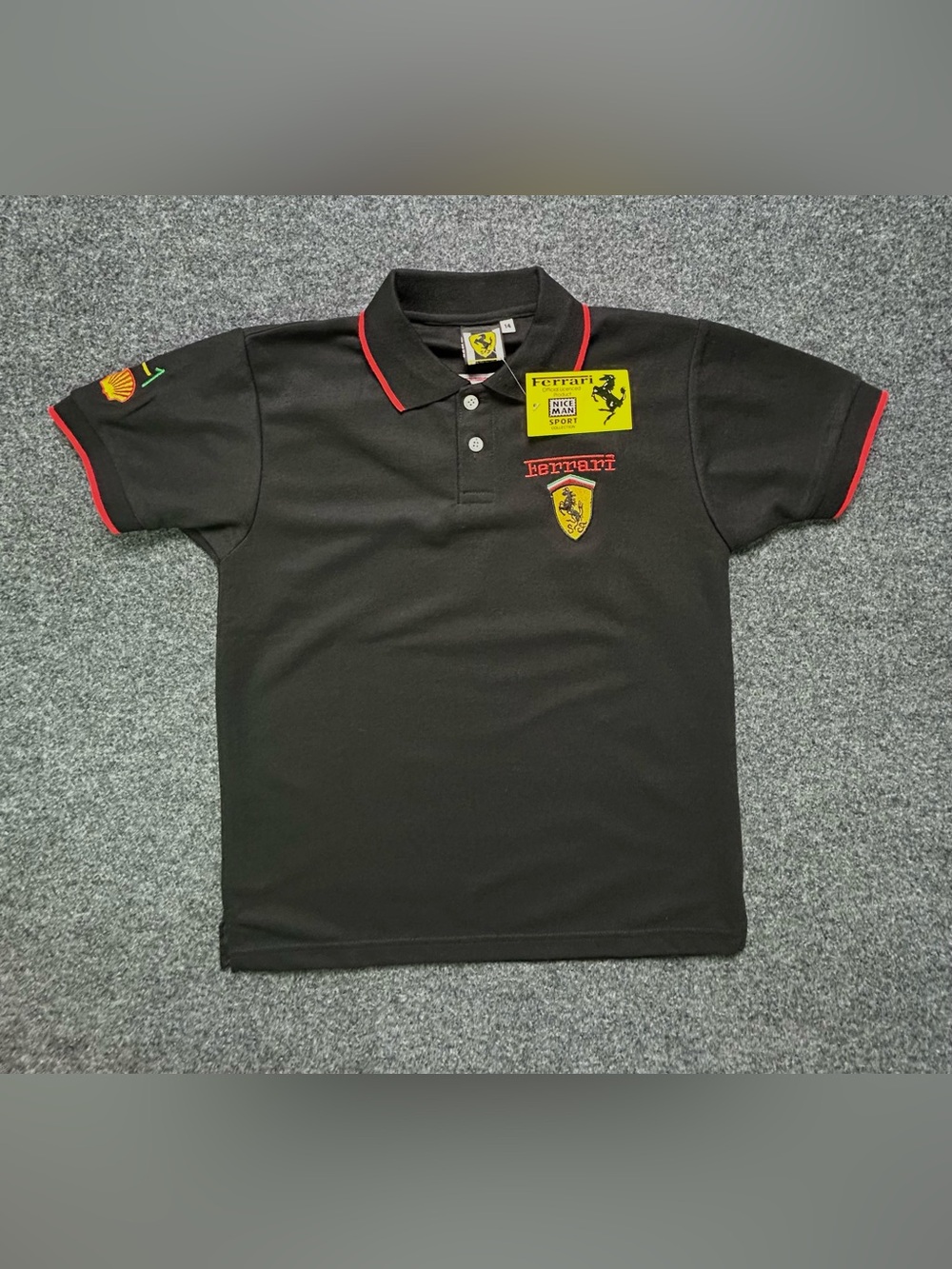 Vintage Ferrari Black Polo with Red Trim and Yellow Shield LogoChest